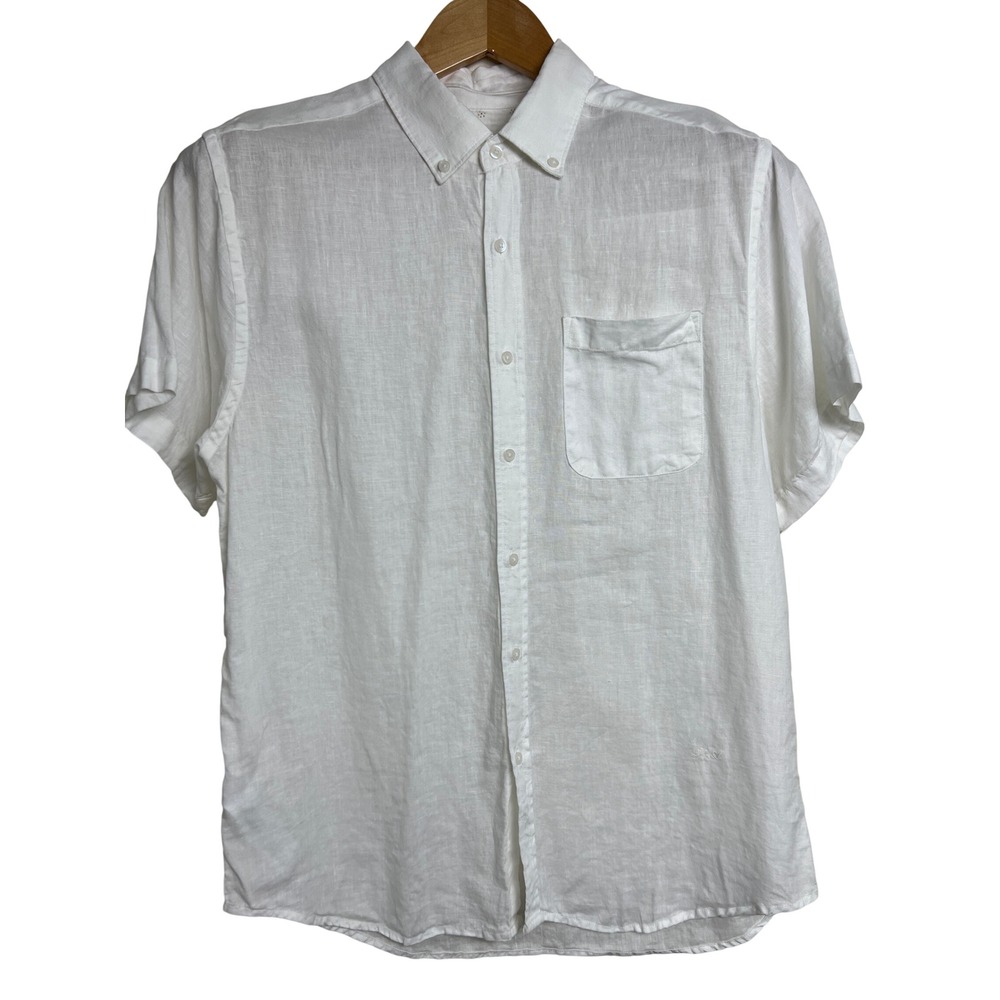 Porter & Ash Button Down Mens Large White 100% Linen Short Sleeve Summer A01
